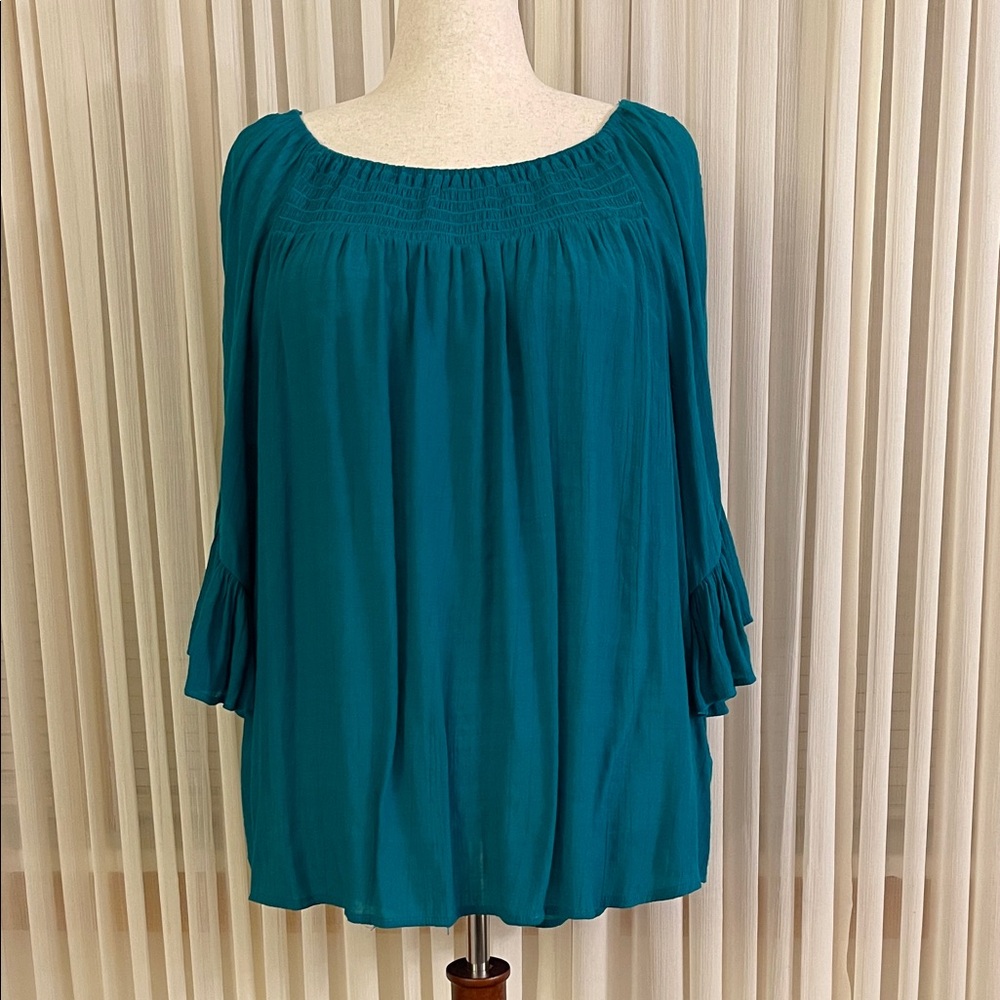 Cato Teal Blouse with Smocked Neckline